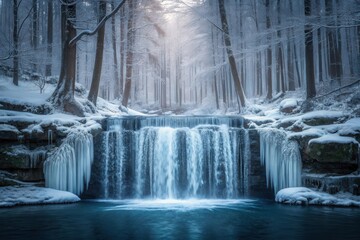 Frozen waterfall cascading through an enchanted winter forest