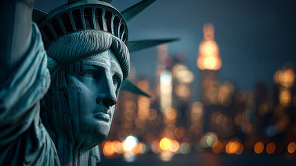 Close-Up Night View of Statue of Liberty with New York City Skyline. Generative AI