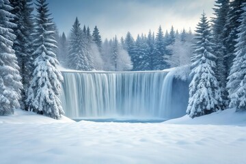 Majestic frozen waterfall surrounded by snow covered pine trees