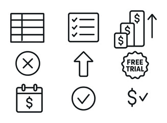 Subscription Icons Grid. Outline vector icons of subscription plan comparison: tier chart, feature list,