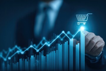 Businessperson drawing a rising graph with a shopping cart icon, signifying e-commerce growth