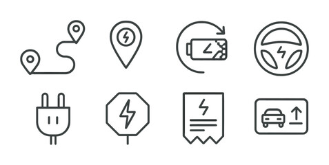 EV Trip Icons. Outline vector icons of EV road trip essentials: route planner, charger locator, range icon, EV