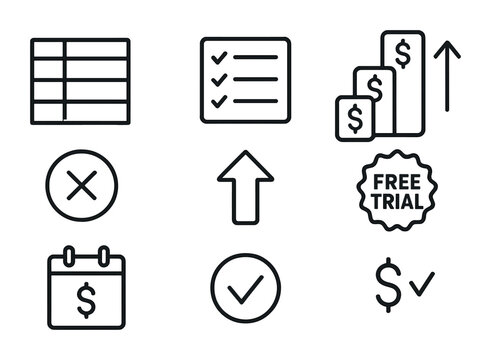 Subscription Icons Grid. Outline vector icons of subscription plan comparison: tier chart, feature list,
