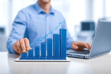 Businessman interacting with a 3D bar graph on a tablet, showing upward growth
