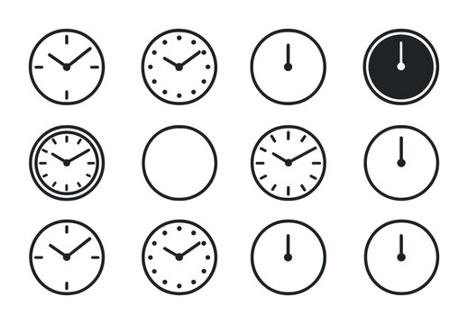 Minimalist Clock Icons. Outline vector icons of minimalist clock styles: clean face, dot markers, single hand,