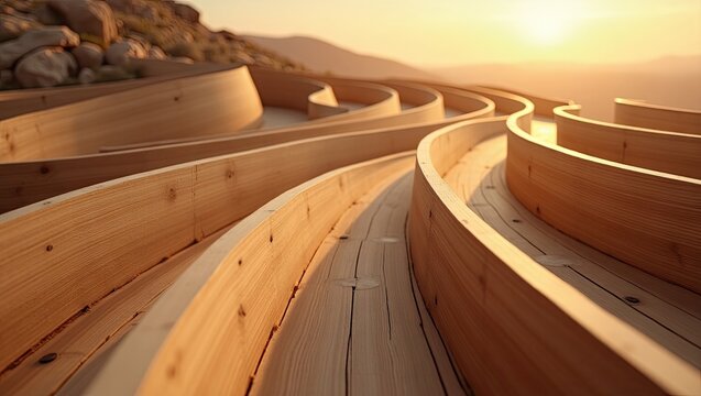 Curved wooden pathways winding through a landscape.