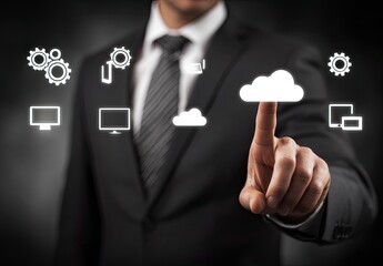 Businessman touches a cloud icon, surrounded by technology icons