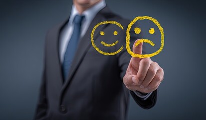 Businessman points to positive and negative feedback