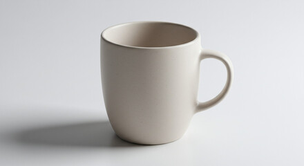 Obraz premium A simple, light-colored ceramic mug with a handle sits on a white surface, casting a soft shadow, perfect for morning coffee or tea.