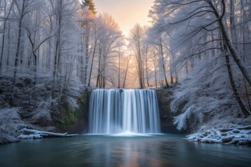 Winter waterfall illuminated by golden sunset light