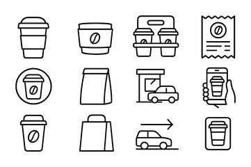 Takeaway Coffee Icons. Outline icon set of takeaway coffee vibes: to-go cup, cardboard sleeve, drink carrier,