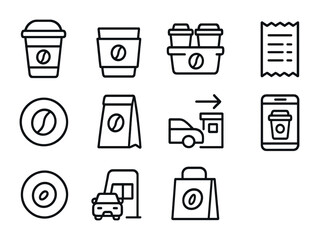 Takeaway Coffee Icons. Outline icon set of takeaway coffee vibes: to-go cup, cardboard sleeve, drink carrier,
