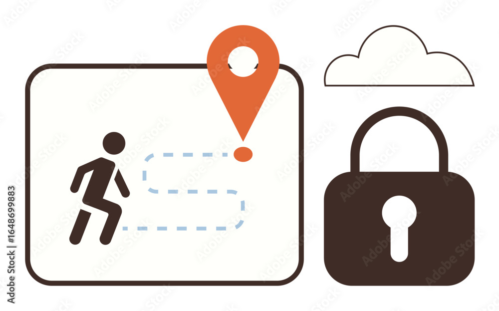 Poster person following a dotted path towards a location marker, surrounded by lock and cloud elements. ide