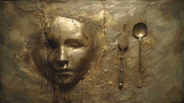 Gold-toned sculpted face and utensils on textured surface.