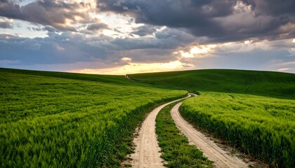 Obraz premium Winding road through green field at sunset