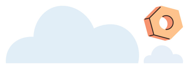 Orange hexagonal gear hovering near stylized blue clouds suggests collaboration, technology, system optimization, innovation. Ideal for technology, creativity, teamwork, digital solutions