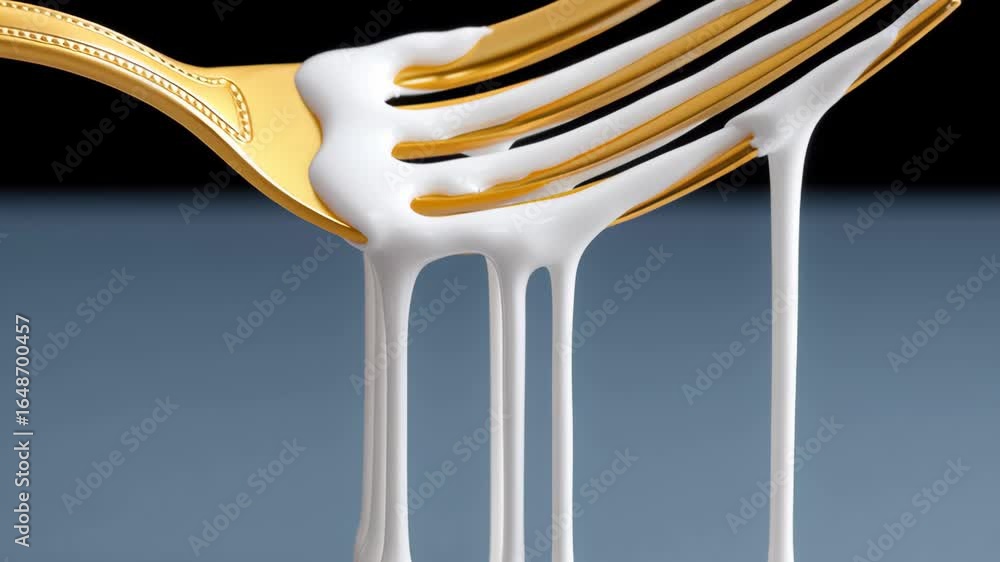 Poster golden fork drips with creamy white substance, showcasing a mesmerizing flow as it transitions from 