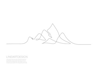 One continuous line drawing of mountain range landscape. Web banner with mounts in simple linear style. Adventure winter sports concept isolated on white background.