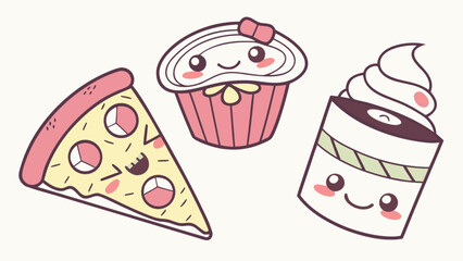 Cute kawaii food pizza cupcake dessert illustration for kids design vector graphic art design element