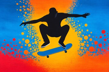 Naklejka premium Silhouette of skateboarder performing trick on colorful background