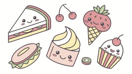 Kawaii food illustration cute sandwich cupcake ice cream cherry kiwi vector design for kids and adults