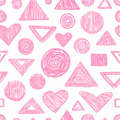 Pink crayon drawn funky rounded geometric shapes seamless banner design. 