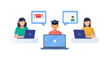 Online education learning students with laptops and graduation cap for remote study and virtual class 100
