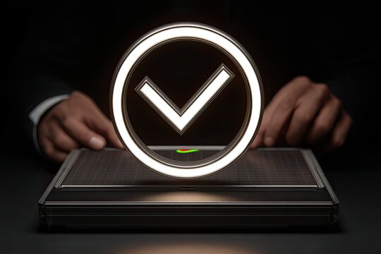 A glowing checkmark icon hovers over a metallic device