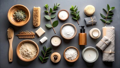 Flat lay of natural spa essentials and gift boxes arranged aesthetically on dark surface.