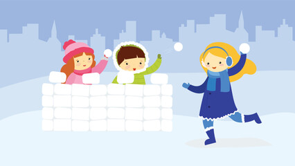 Naklejka premium Children playing with snow in winter. Vector illustration in flat style.