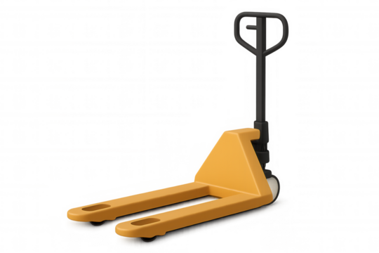 3d rendering of a yellow hand pallet truck isolated on transparent background, representing warehouse and logistics operations