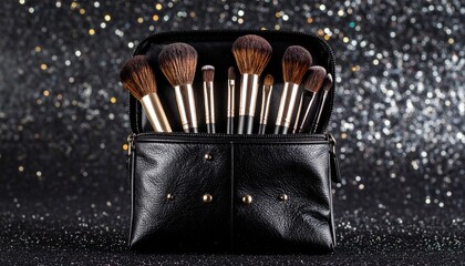 Elegant black makeup pouch filled with assorted brushes, set against sparkling background.