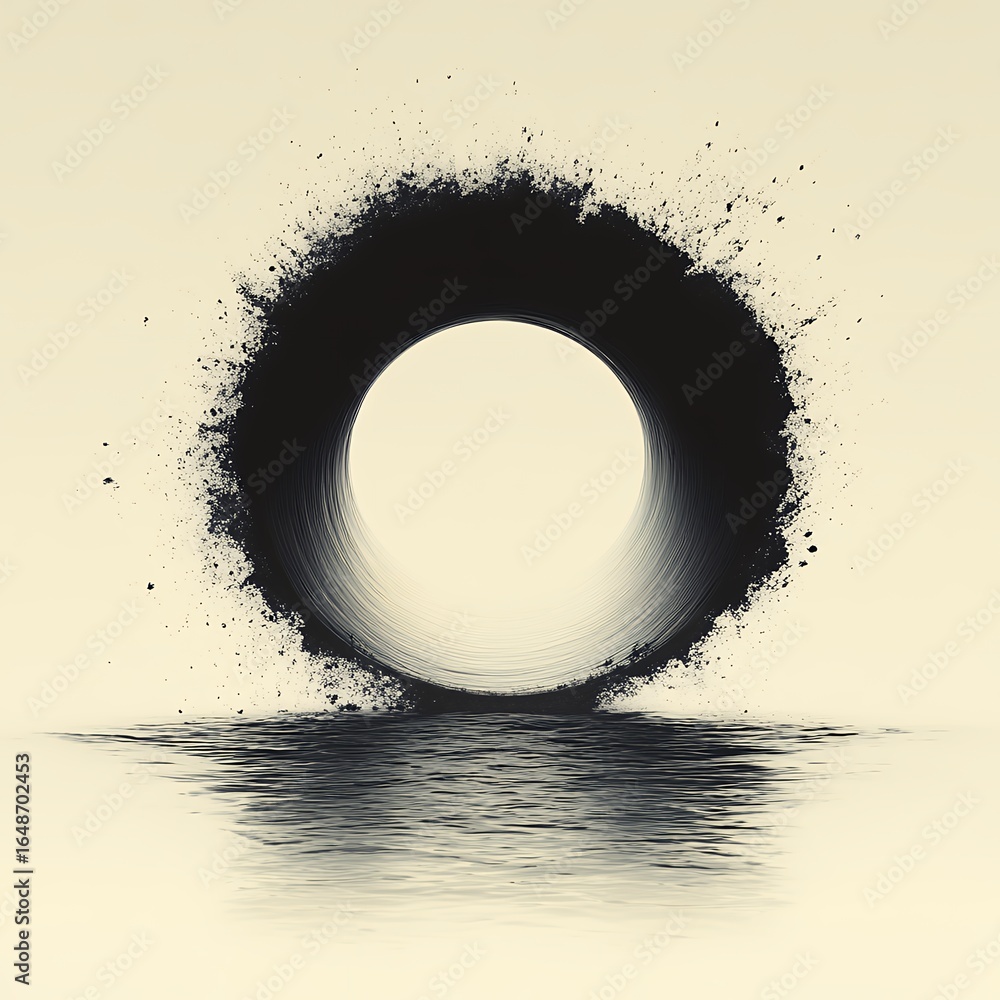 Poster an abstract image of a dark tunnel shape with a watery reflection, depicting a portal with depth and