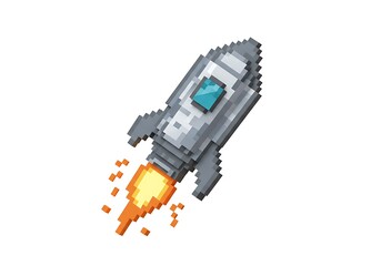 A pixelated rocket with chrome body