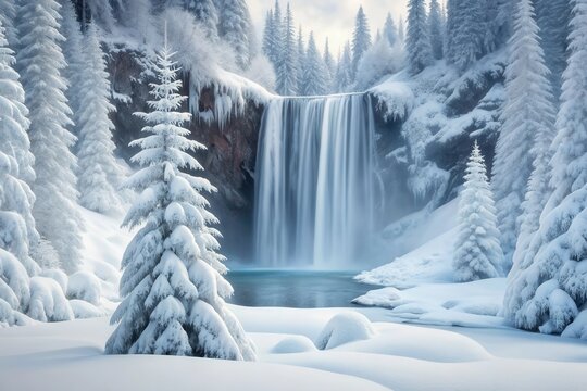 Majestic frozen waterfall in a snow covered forest