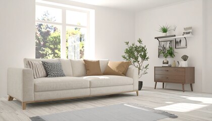 Obraz premium Bright living room with neutral sofa, wooden accents, and view of lush greenery