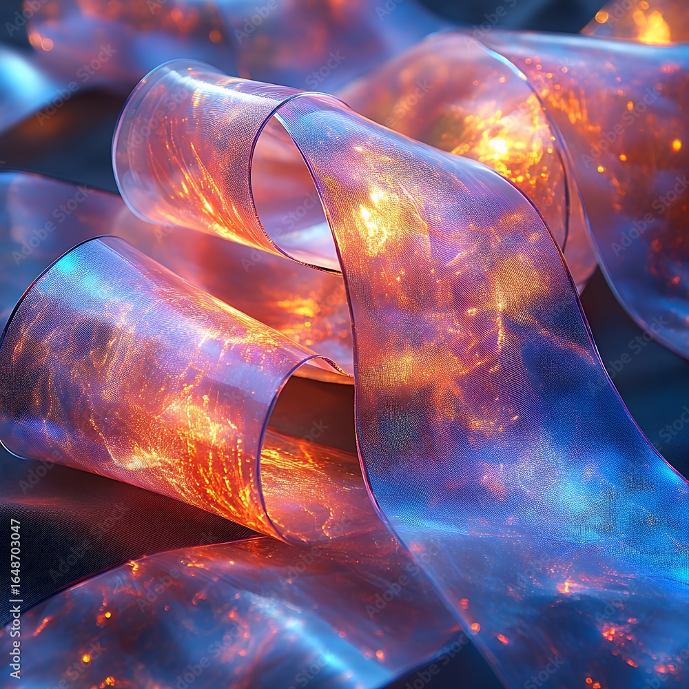 Poster a glowing, translucent ribbon swirls and curls with vibrant orange and blue hues, creating an ethere