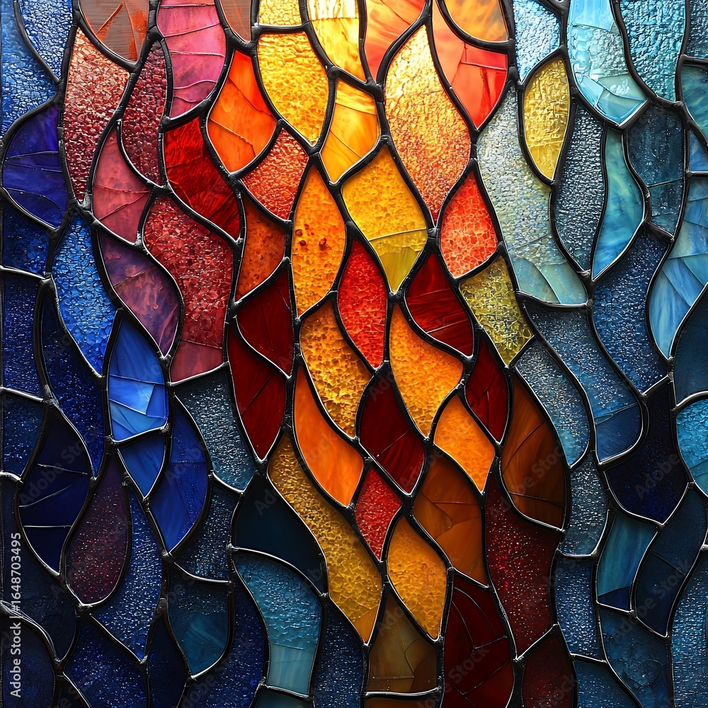 Poster a colorful stained-glass window design with vibrant hues and intricate patterns, showcasing artistic