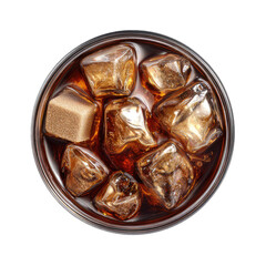 Top-down view of a round glass filled with ice-cold dark brown drink and ice cubes