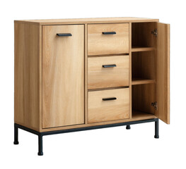 Light wood cabinet with three drawers and open shelving