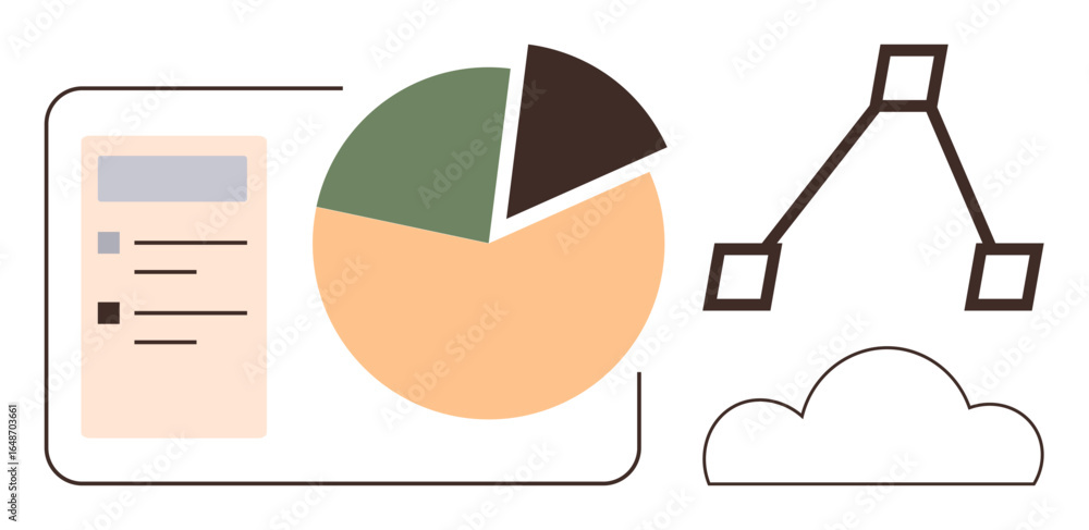 Aufkleber pie chart with segments, task list, hierarchical diagram, and cloud element. ideal for analytics, or