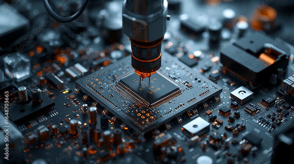 Poster a robotic arm assembling a microchip, macro shot, precision and automation.