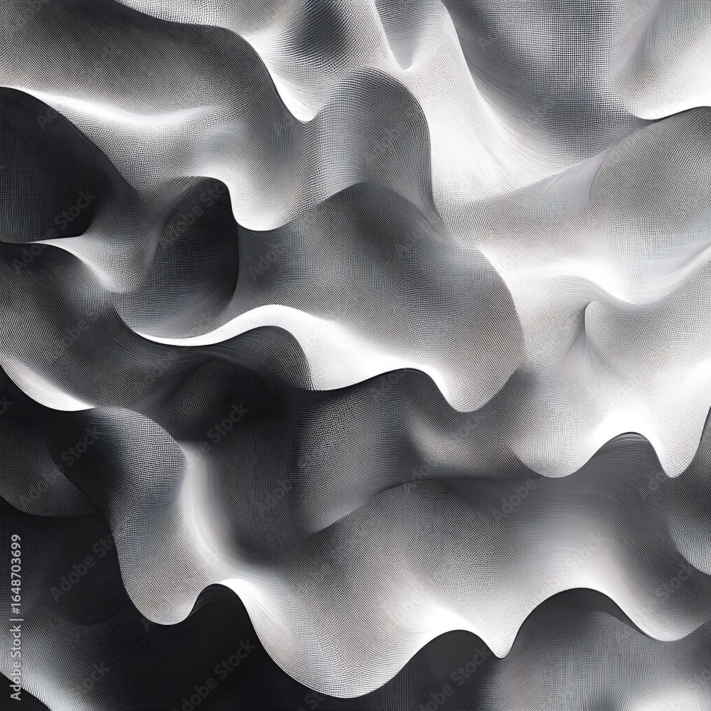 Poster abstract flowing shapes in grayscale, creating a dynamic and textured artistic composition with ligh