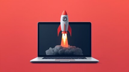 A rocket taking off from a laptop keyboard, representing startup launch and innovation.