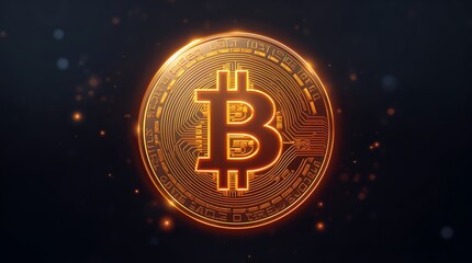 A stylized digital currency coin, glowing with a futuristic symbol.