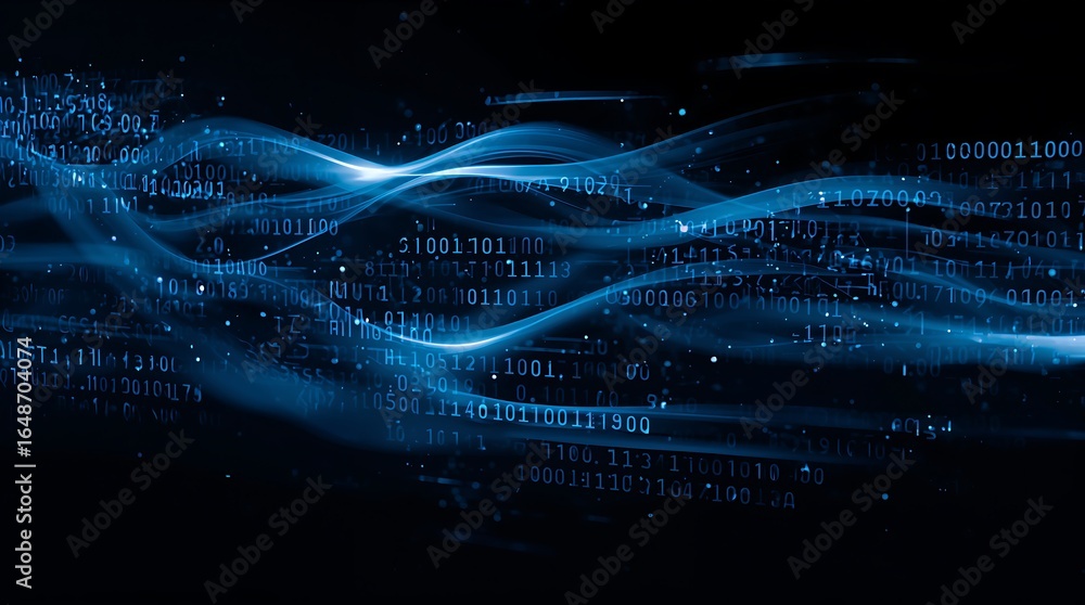 Poster flowing stream of binary code, dynamic motion blur, sense of speed and progress.
