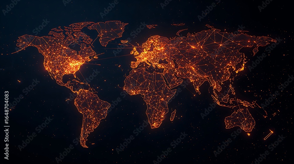 Poster global network of interconnected points and lines, glowing effect, against a dark, deep space backgr