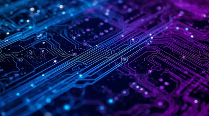 Digital circuit board pattern, neon blue and purple light trails, macro shot, intricate details.