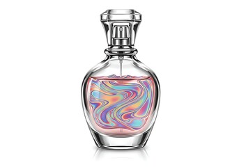 A hyper-detailed 3D and vector hybrid of a glass perfume bottle with swirling holographic liquid inside