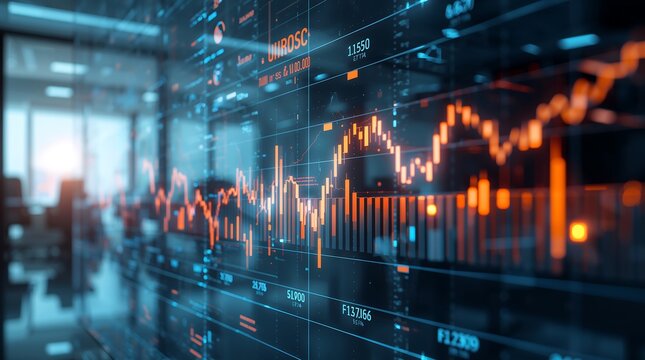 Financial charts and graphs, animated and glowing, in a clean, professional office environment.
